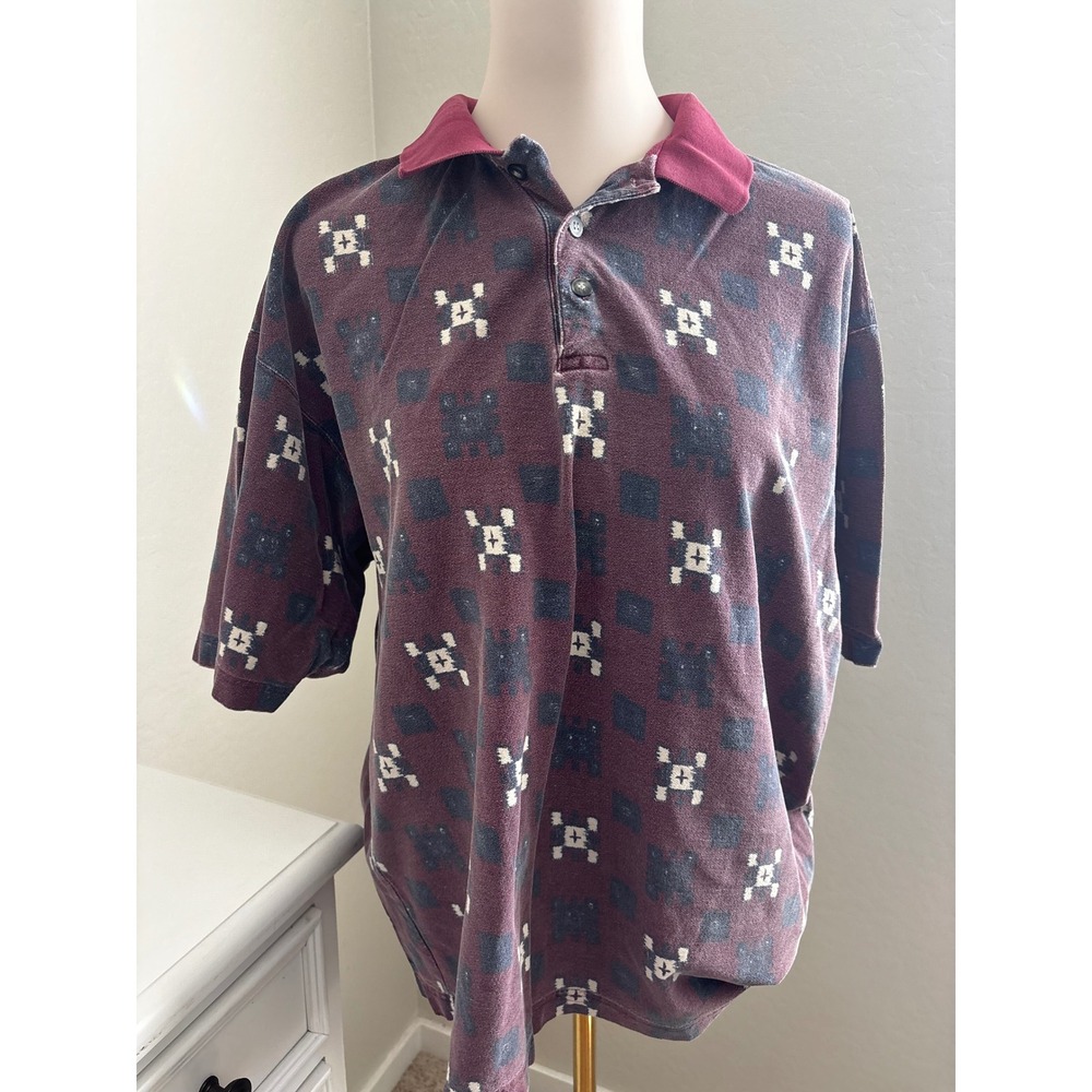 Vintage Sostanza Mens Large Burgundy Geometric Abstract Print 90s Cotton Polo